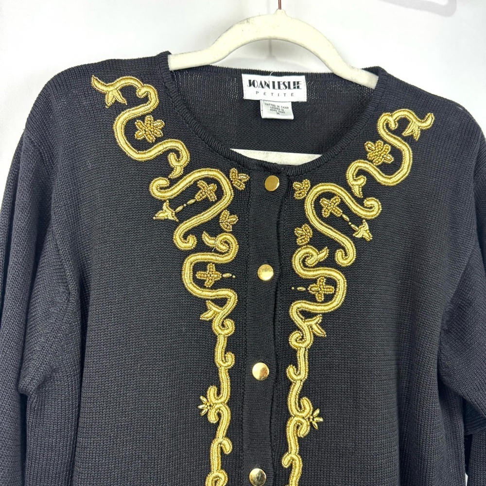 VTG Joan Leslie Petite M Knit Black Gold Embroidered Button Up Cardigan Sweater - Picture 2 of 9